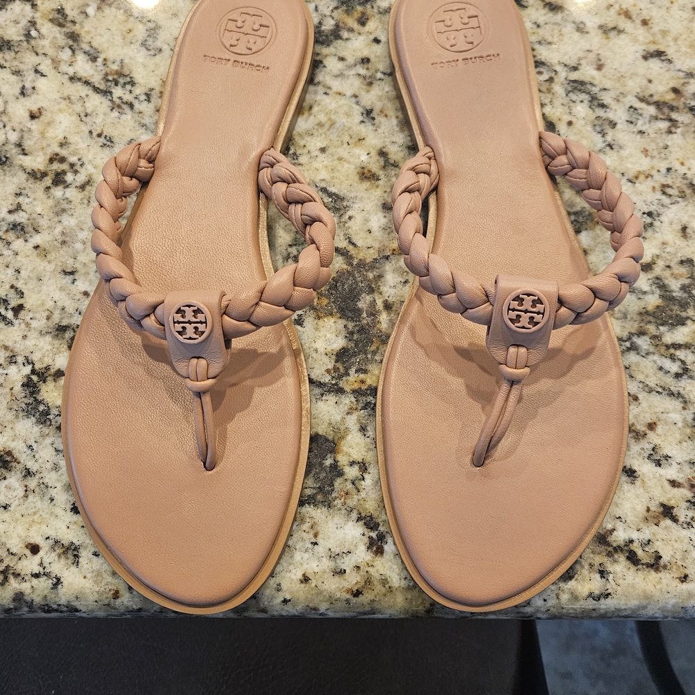Tory Burch Pink Braided Leather Toe-Post Sandals